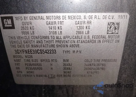 2012 Cadillac Srx Performance Collection from USA, damaged, VIN 3GYFNEE39CS542233